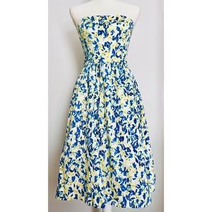 Fifth City Boutique Blue Yellow Ditsy Floral Strapless A-Line Midi Dress Small